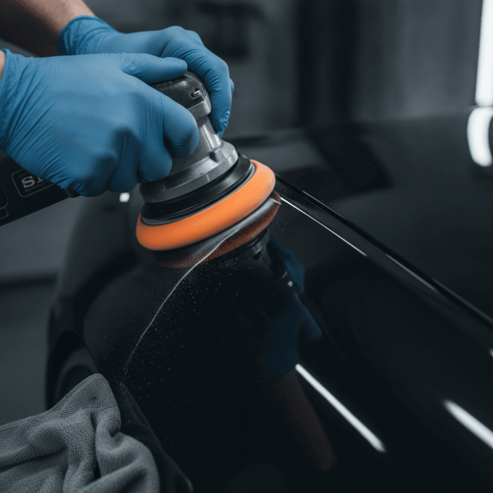 Gros plan sur mains professionnelles appliquant technique de polissage avec polisseuse orbitale sur carrosserie automobile noire brillante