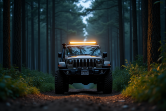Véhicule 4x4 en forêt au crépuscule avec phares LED