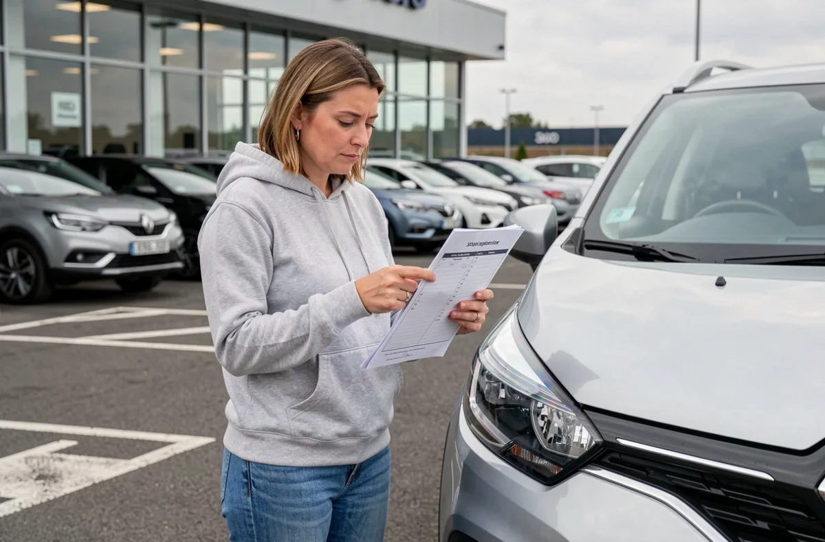 Femme vérifiant une liste d'inspection avant l'achat d'une Renault Captur diesel d'occasion