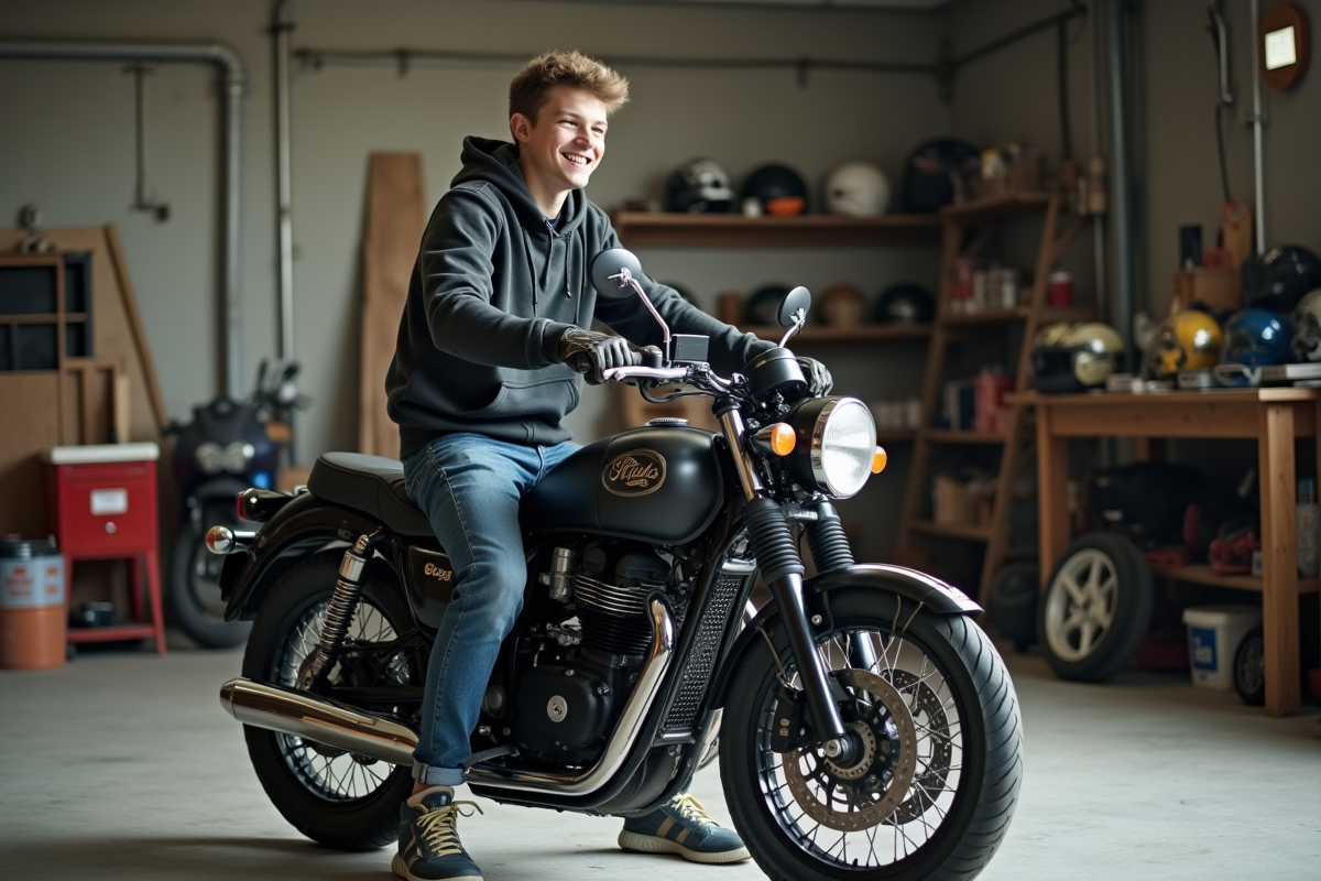 Adolescent à moto dans un garage atelier