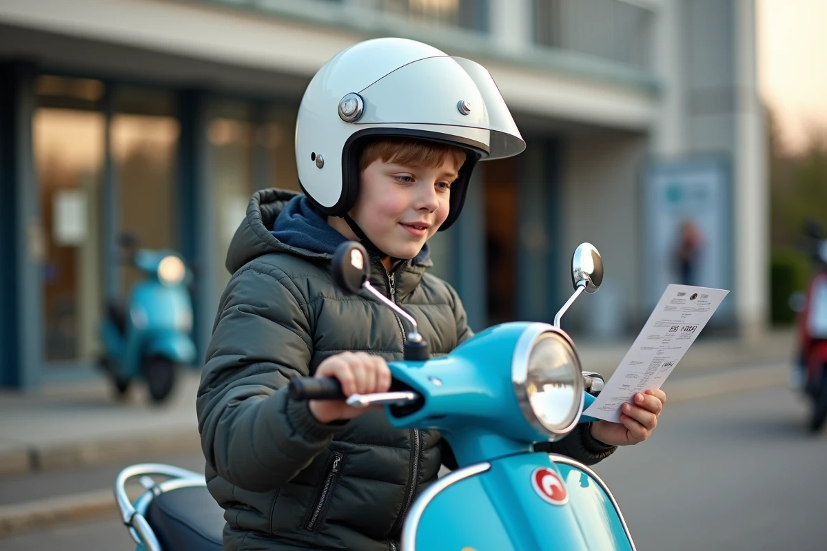 Adolescent de 16 ans avec casque homologué tenant son brevet de sécurité routière devant une auto-école