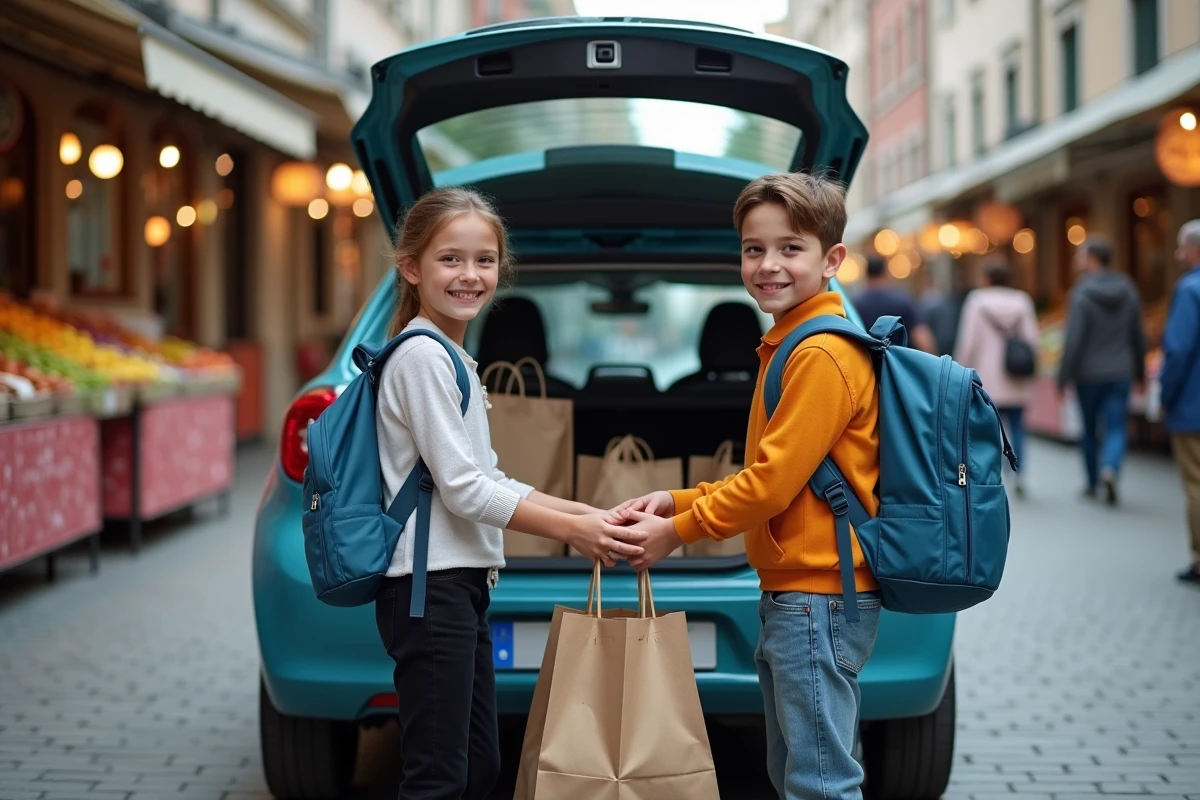 Adolescents souriants déchargeant sacs dans une voiture en ville