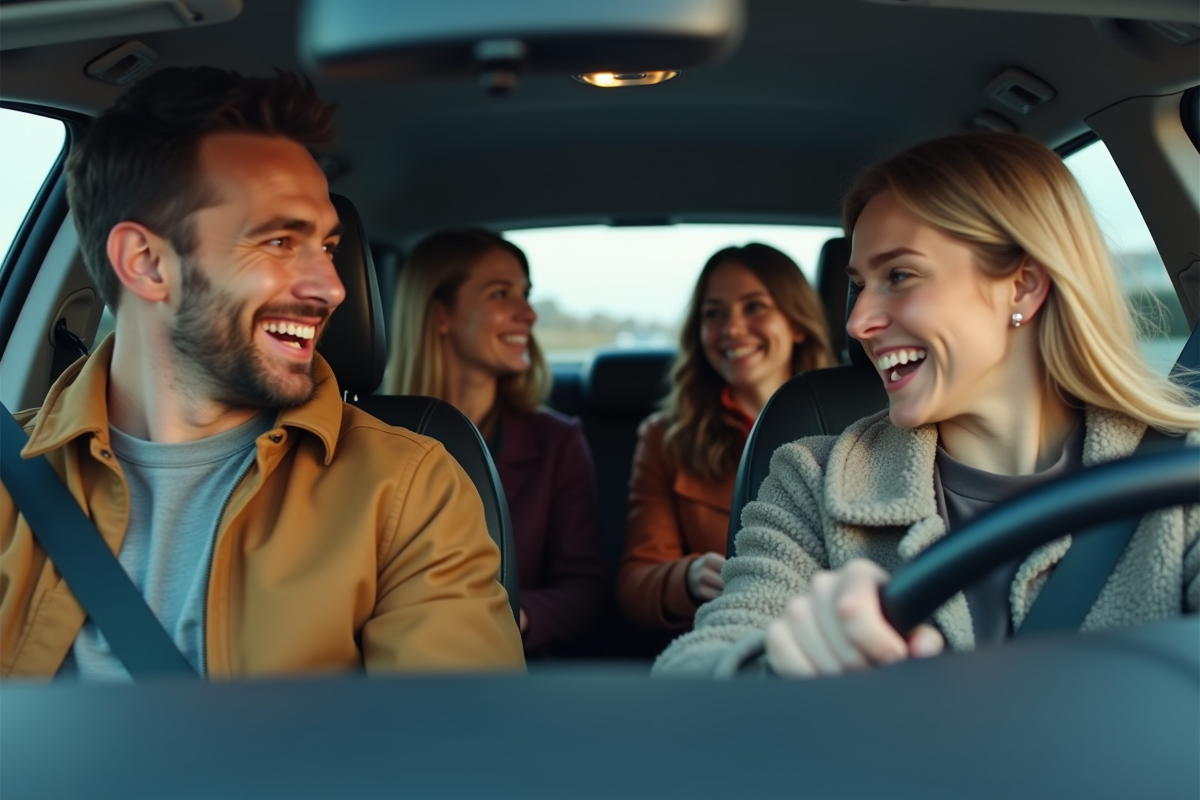 Quatre adultes souriants dans une voiture moderne lors d’un trajet partagé