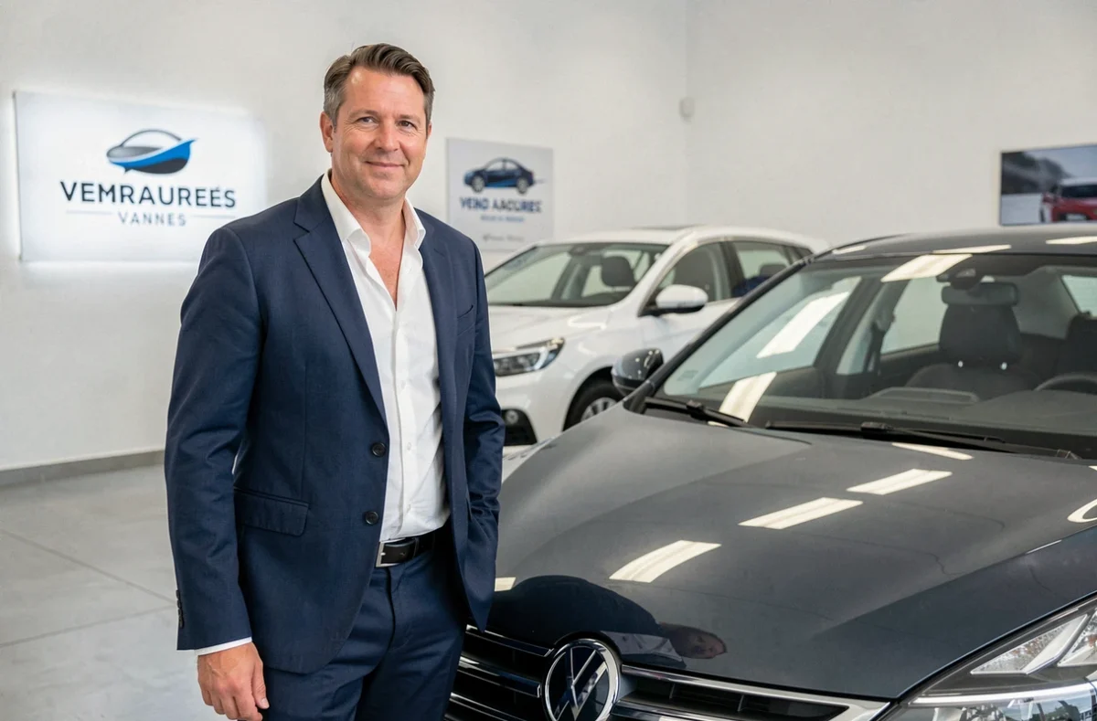 Vendeur professionnel de L'Agence Automobilière Vannes debout à côté d'une voiture d'occasion dans un showroom moderne