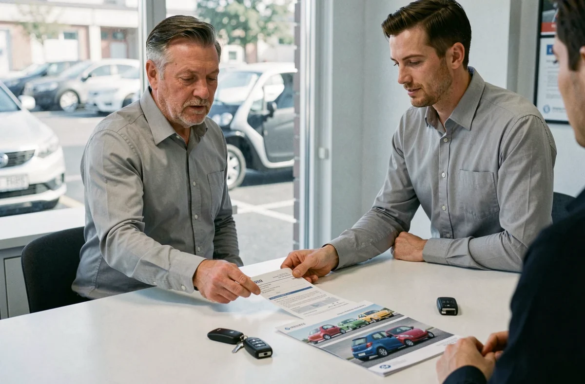 Agent de location présentant un contrat mensuel pour une voiture sans permis dans une agence automobile