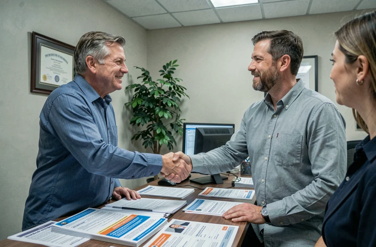 Client et agent d'assurance finalisant un contrat moto dans une agence professionnelle