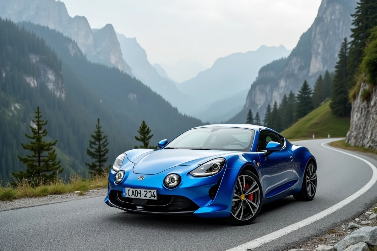 Alpine A110 bleue garée sur une route de montagne sinueuse dans les Alpes françaises, logo de marque visible sur la calandre