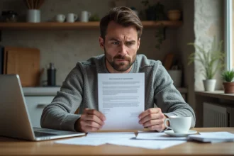 Homme tenant une lettre d'amende reçue à tort liée au SIV, assis à une table avec des documents administratifs