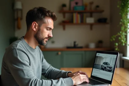 Homme publiant une annonce de voiture d'occasion sur Leboncoin depuis son domicile
