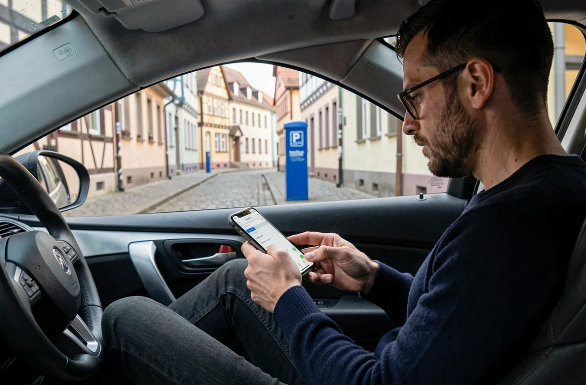 Conducteur consultant une application de parking sur smartphone dans une rue pavée du centre historique de Colmar
