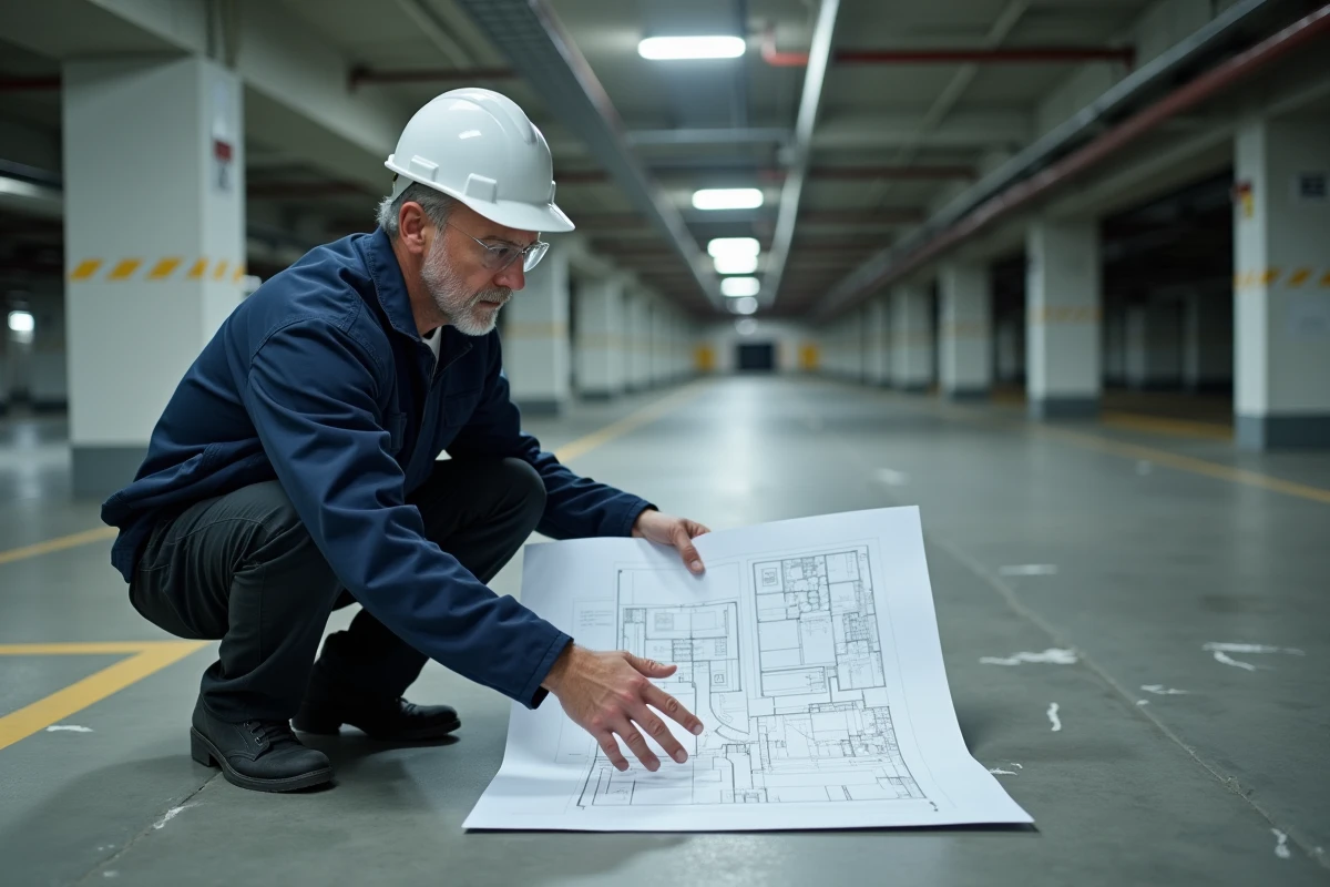 Architecte inspectant les dimensions insuffisantes de places de parking souterrain avec des plans de conception