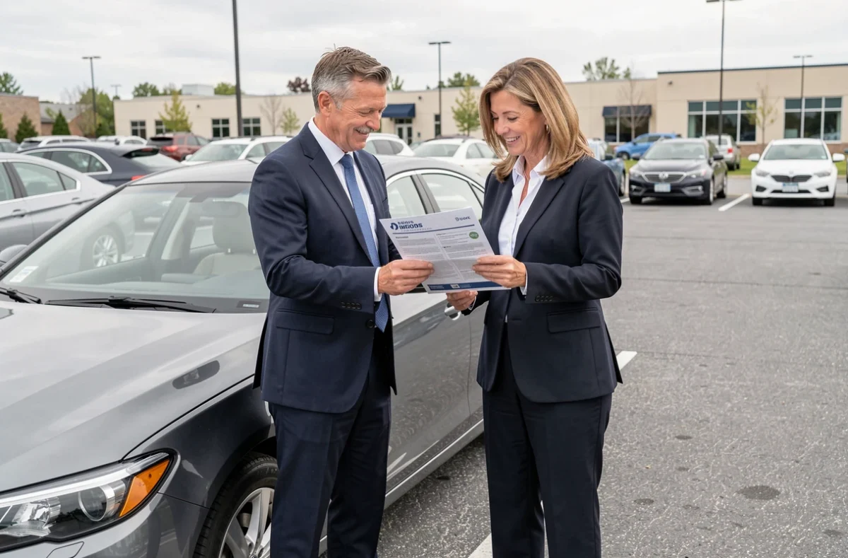 Deux professionnels examinant une brochure d'assurance flotte automobile dans un parking d'entreprise