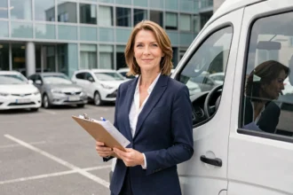 Femme professionnelle tenant des documents d'assurance voiture devant un véhicule utilitaire blanc en milieu urbain