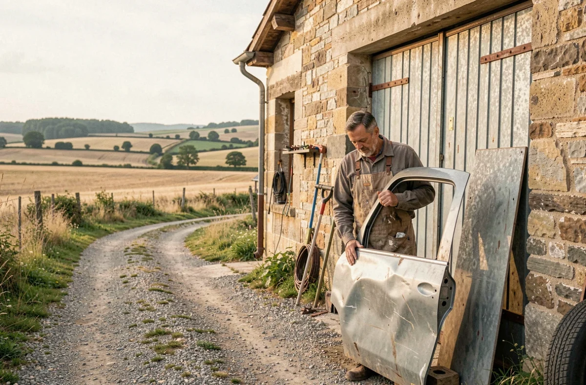 Atelier de carrosserie rural dans la Loire avec un artisan examinant une portière endommagée devant un garage en pierre