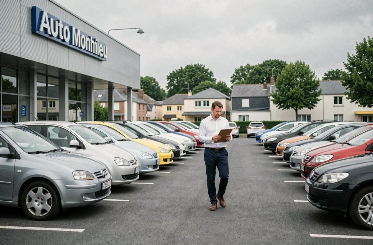 Forecourt d'Auto Monthieu dans la Loire avec des véhicules réparés alignés et un conseiller inspectant l'inventaire