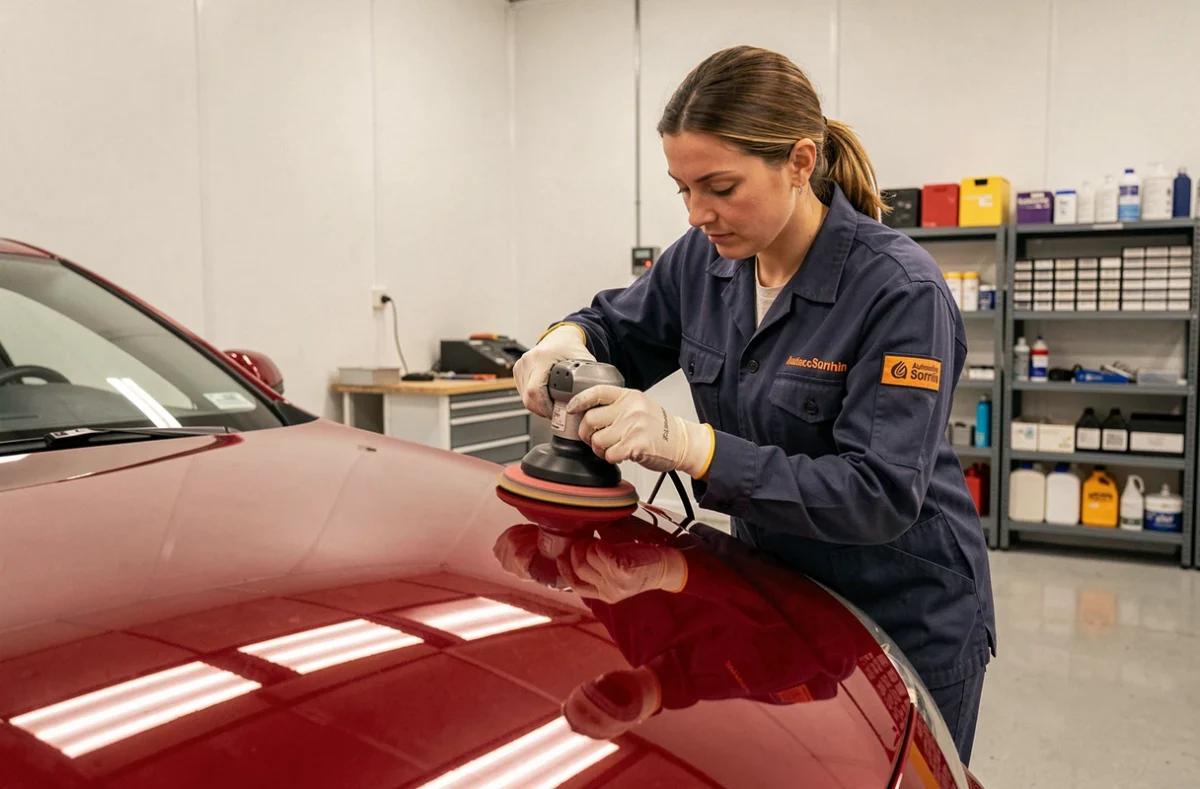 Technicienne d'Automobiles du Sornin polissant un capot repeint en rouge métallisé dans l'atelier