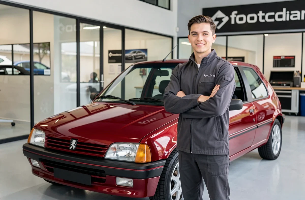 Carrossier d'Avancar posant fièrement devant une Peugeot 205 entièrement restaurée dans un showroom de carrosserie moderne