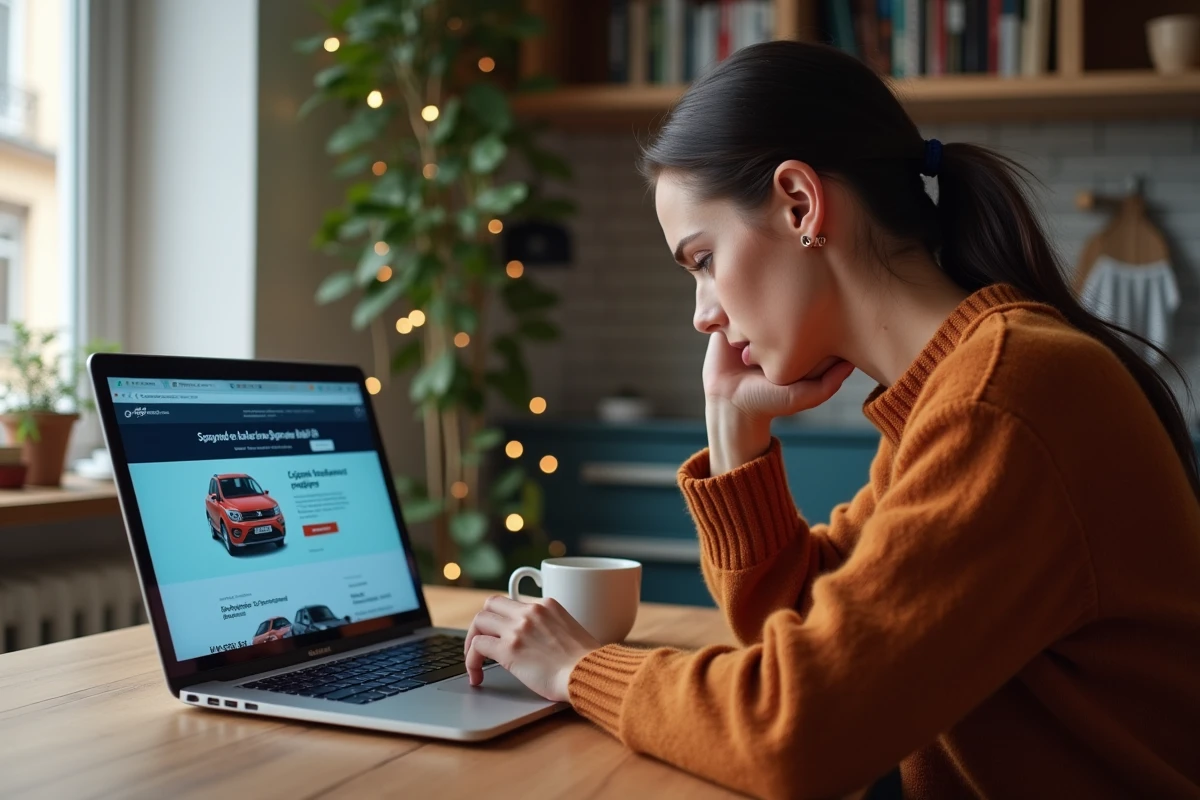 Femme consultant le site Aramisauto depuis son domicile, expérience client en ligne lors de l'achat d'un véhicule
