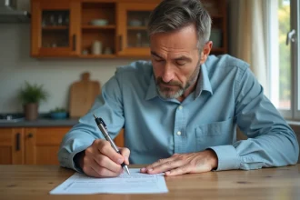 Homme barrant une carte grise sur une table en bois lors d'une vente de voiture entre particuliers