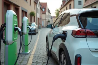 Borne de recharge électrique dans un parking du centre-ville de Colmar avec une voiture branchée et façades alsaciennes en arrière-plan
