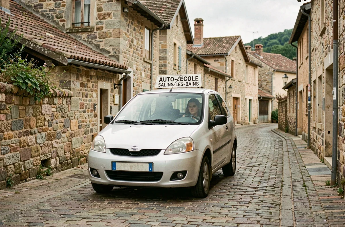 Voiture de l'auto-école Bully Henri circulant dans les rues étroites de Salins-les-Bains