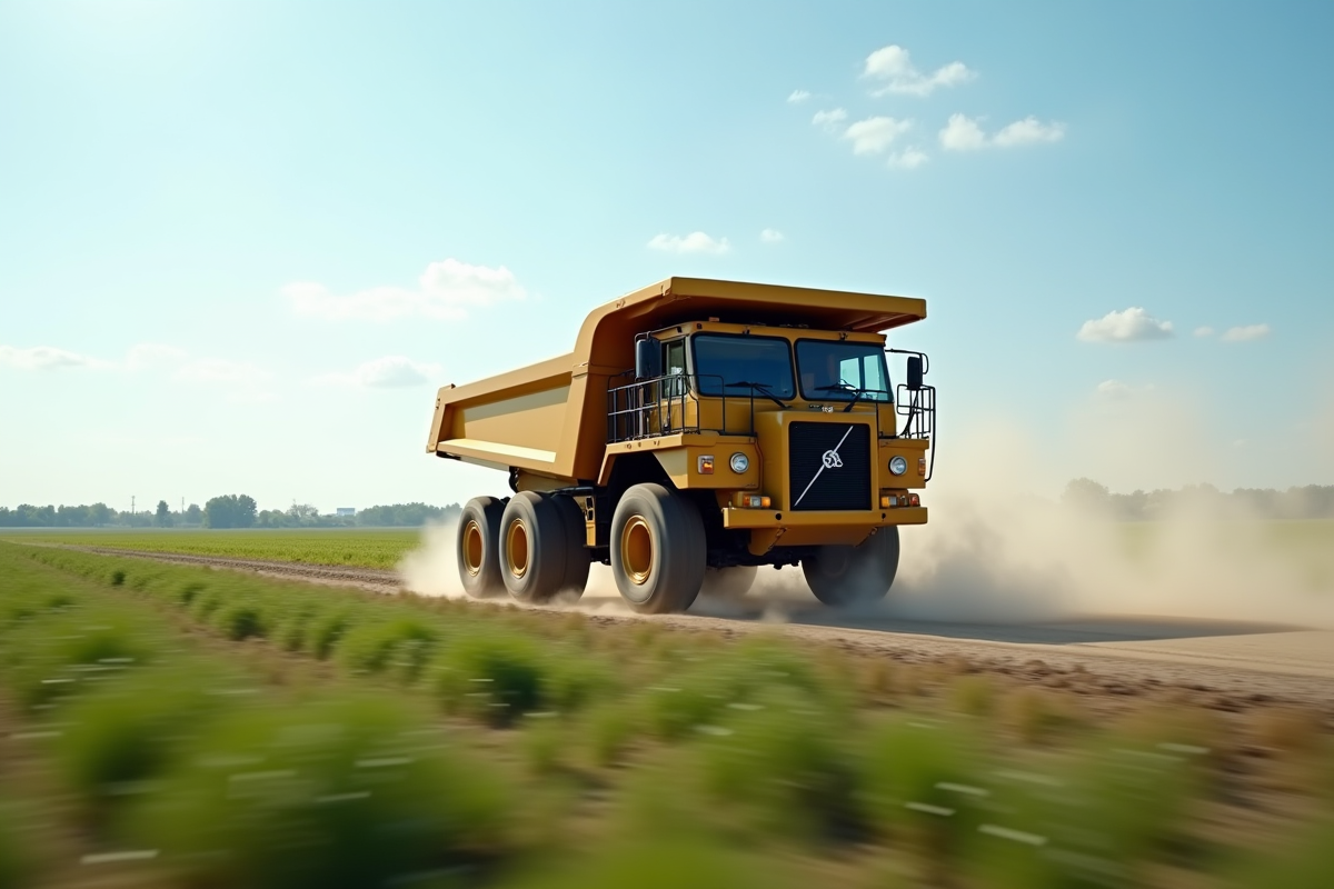 Camion benne roulant sur une route rurale avec champs verts