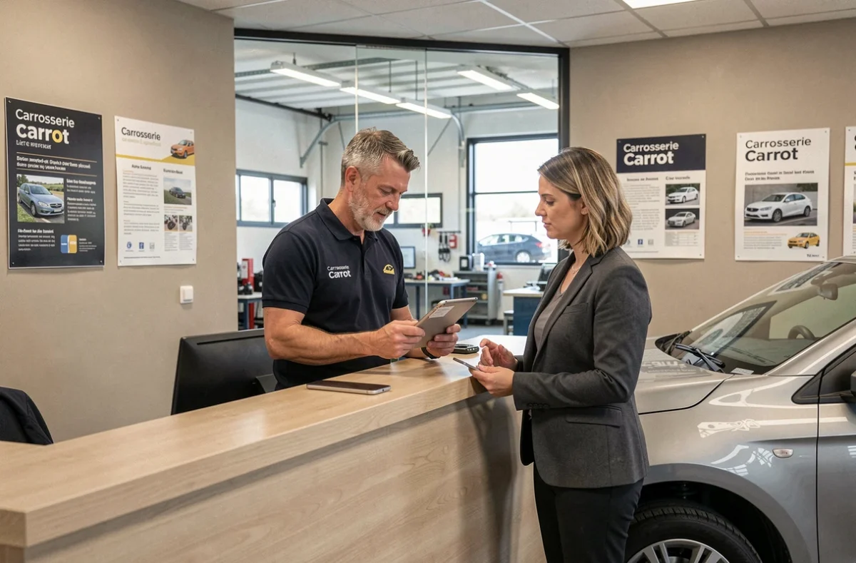 Conseiller de la Carrosserie Carrot dans la Loire présentant un devis de réparation à une cliente