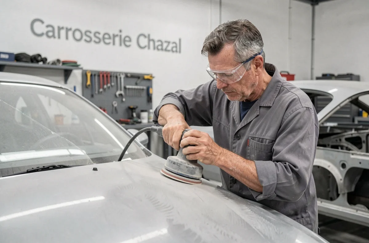 Technicien de la Carrosserie Chazal dans la Loire ponçant minutieusement une portière de véhicule
