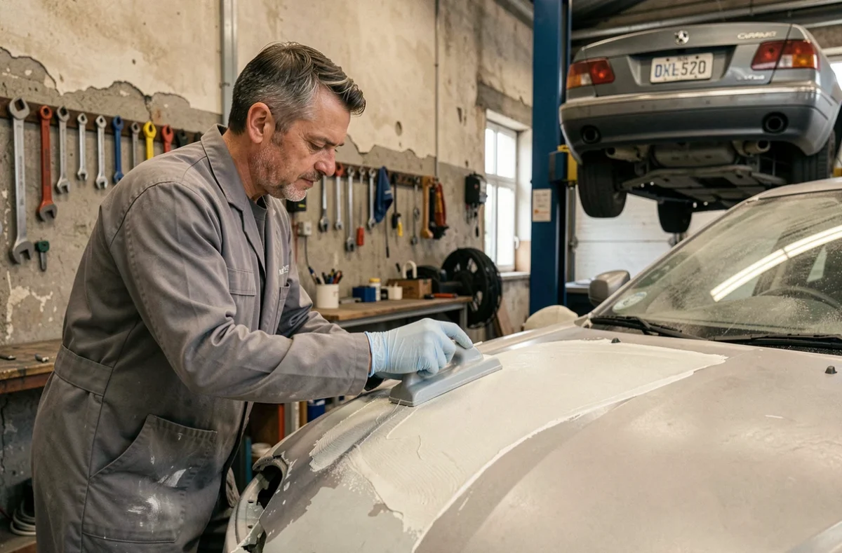 Technicien de la Carrosserie David Epinat appliquant du mastic de carrosserie sur un panneau de véhicule réparé