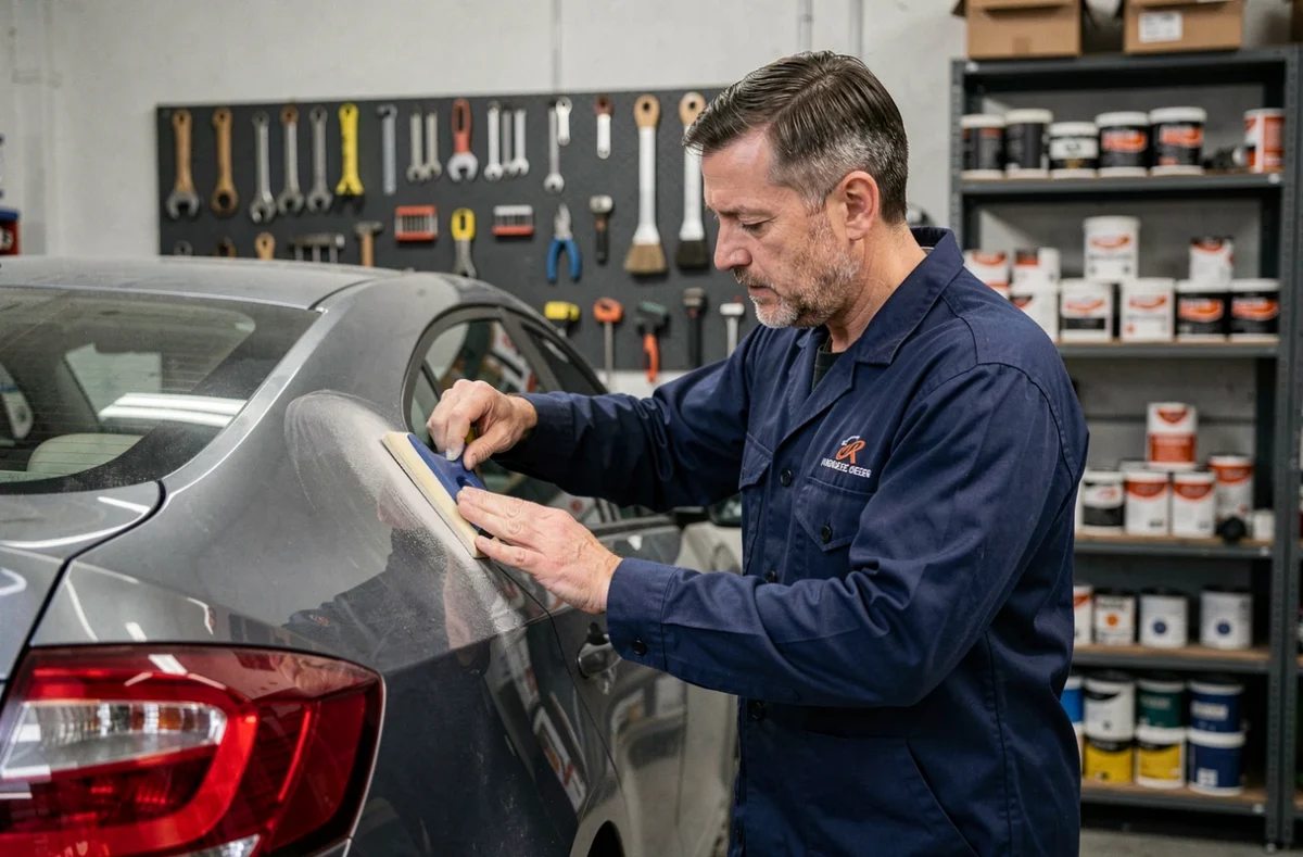 Technicien carrossier de la Carrosserie du Garlaban ponçant un panneau de carrosserie dans un atelier professionnel