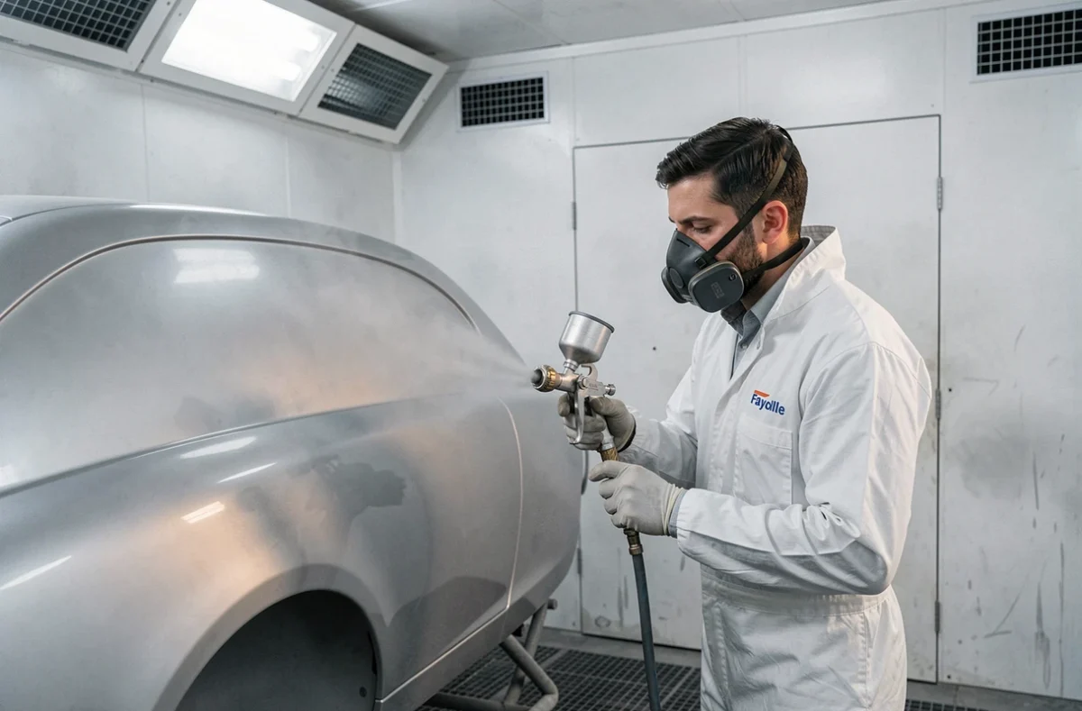 Peintre de la Carrosserie Fayolle en combinaison blanche appliquant de la peinture métallisée en cabine