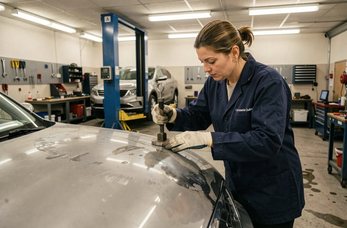 Technicienne de la Carrosserie Guillot inspectant la réparation d'un capot de voiture à l'aide d'un outil de débosselage
