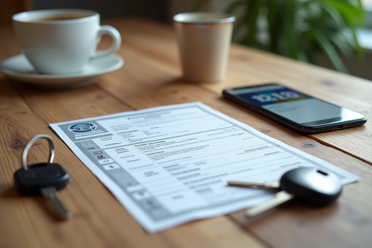 Vue en plongée d'une carte grise française, d'un smartphone avec service en ligne et de clés de voiture neuve sur une table en bois