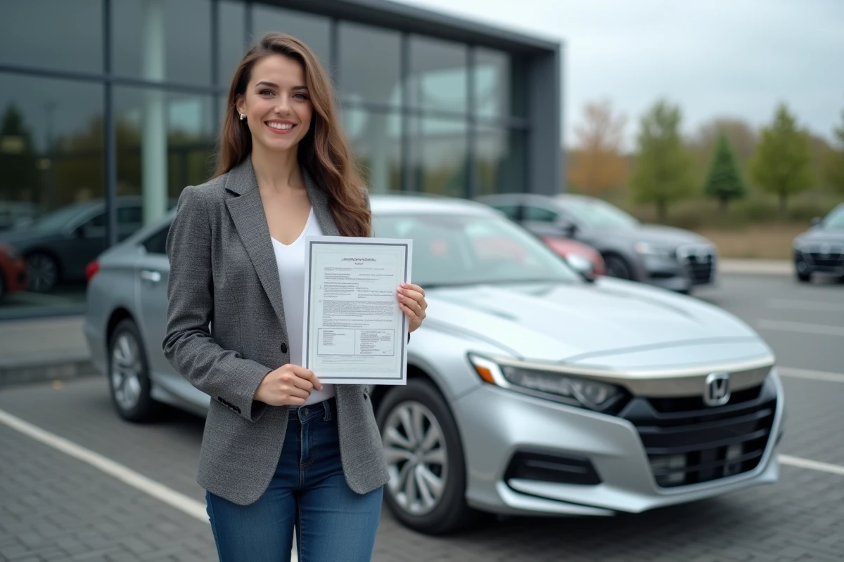 Femme tenant une carte grise devant sa nouvelle voiture dans un parking de concession automobile