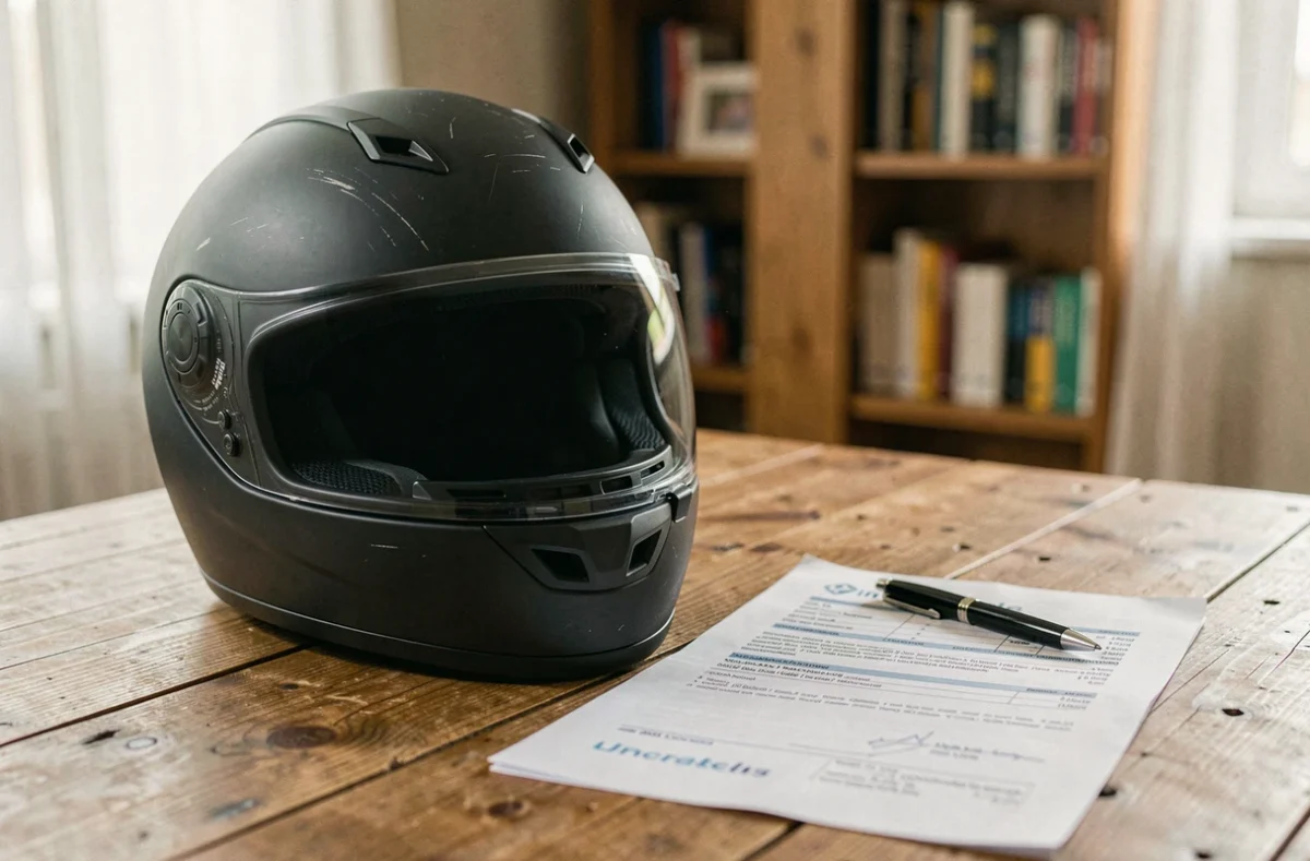 Casque moto posé à côté d'un contrat d'assurance rétroactive sur une table en bois, illustrant la couverture d'une période sans assurance