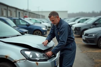 Mécanicien inspectant un véhicule accidenté dans une casse auto en Loire-Atlantique