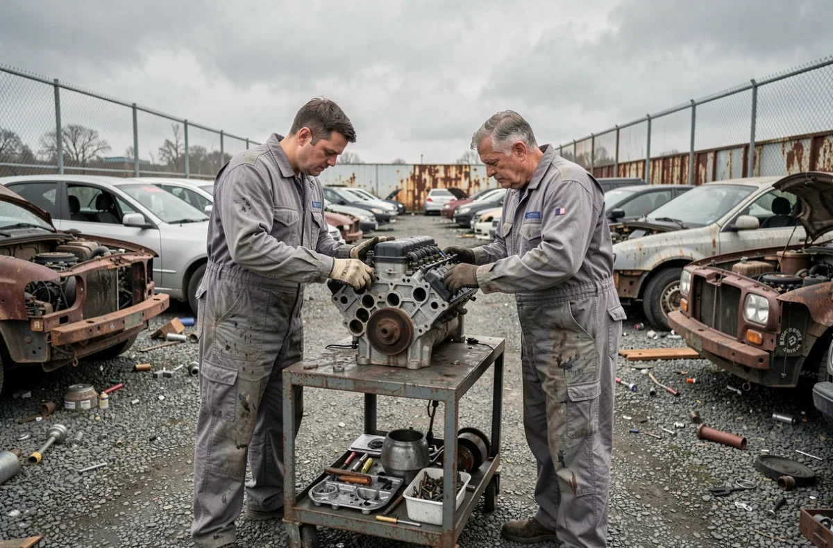 Deux mécaniciens inspectant un moteur d'occasion dans une casse automobile pour trouver des pièces garanties à petit prix