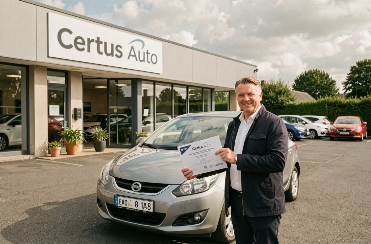 Vendeur de Certus Auto Auray présentant la certification d'une voiture d'occasion devant le parking du concessionnaire
