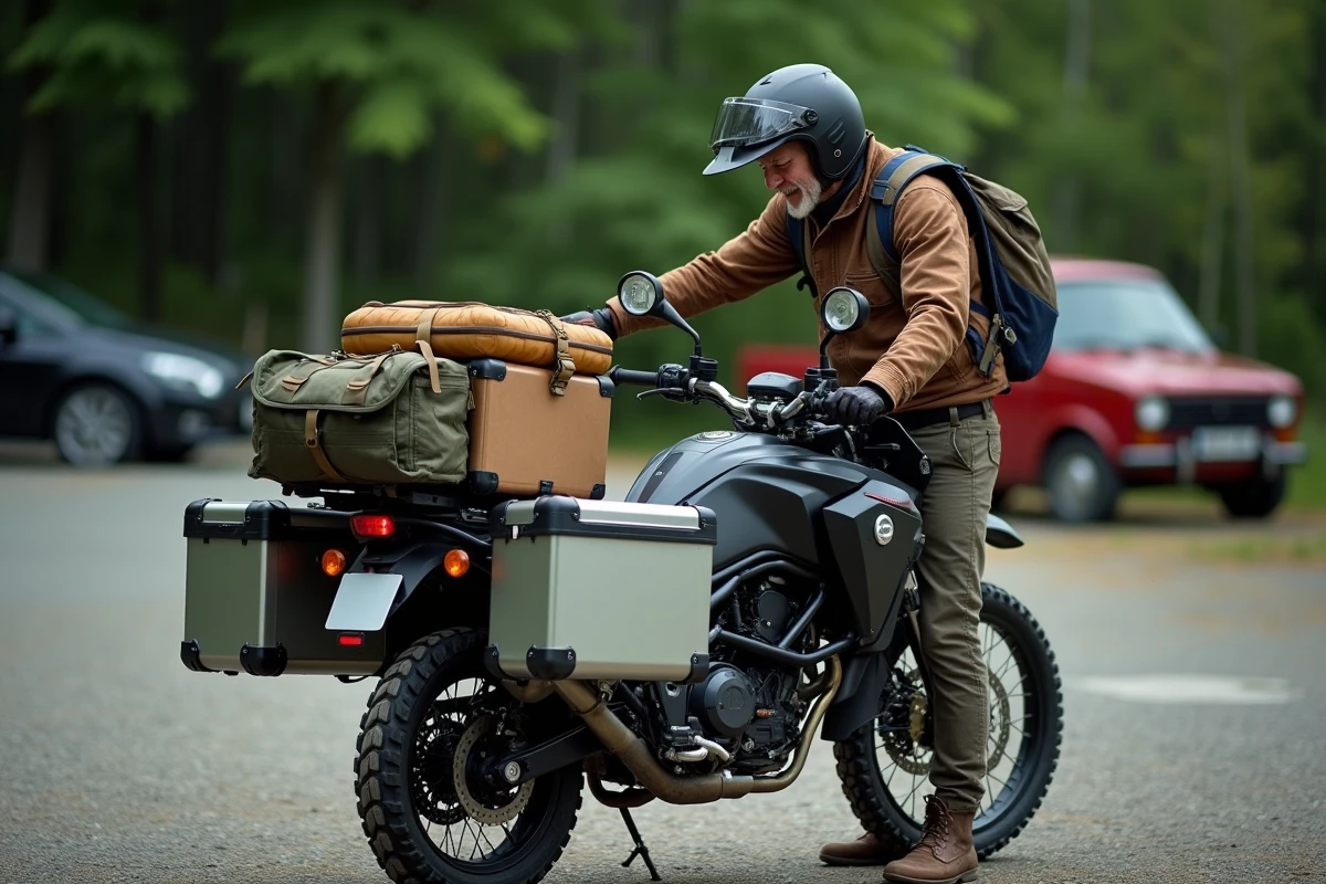 Homme âgé chargeant équipement dans sidecar moto