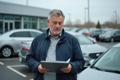 Client examinant une voiture d'occasion dans un parking de concession Aramisauto en région, tenant des documents d'achat