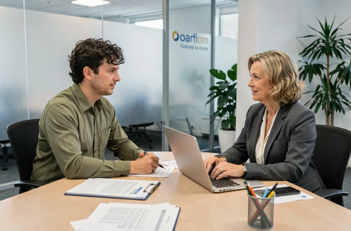 Client discutant avec une conseillère en agence d'assurance auto de la possibilité de suspendre son contrat