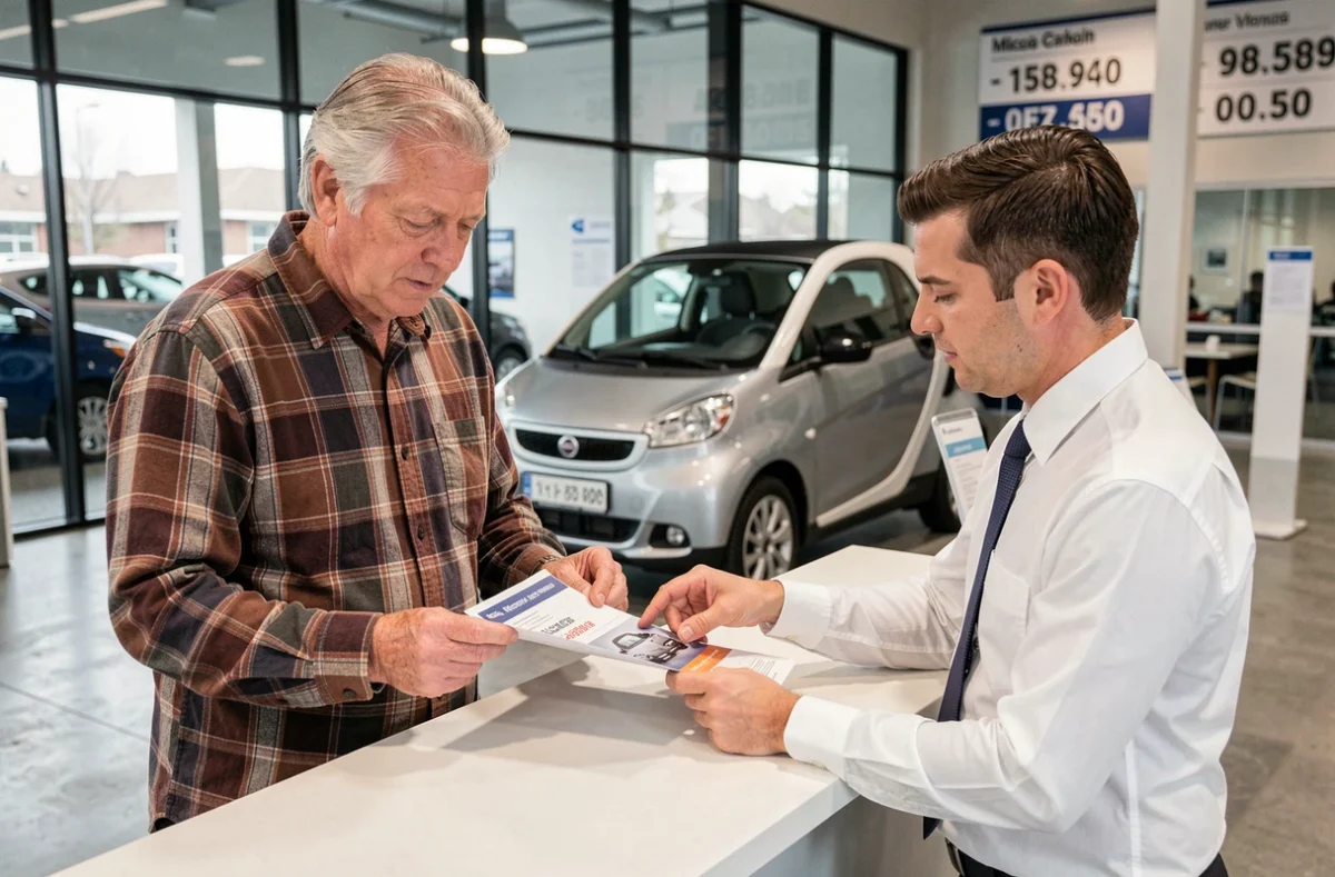 Client senior consultant un catalogue de prix de voiture sans permis chez un concessionnaire