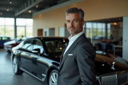 Client satisfait en costume devant une berline de luxe dans un showroom haut de gamme lors d'une vente prestige