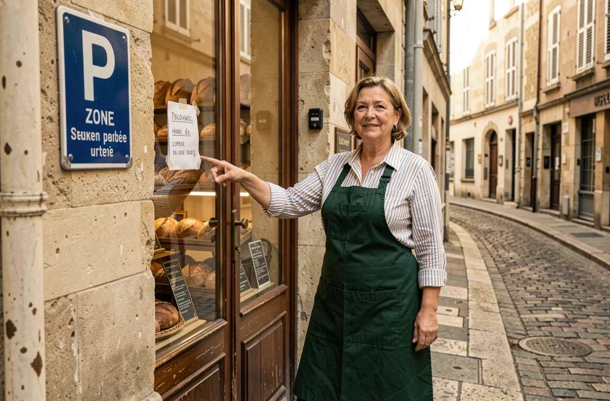 Commerçante devant sa boulangerie indiquant le panneau de zone bleue à durée limitée en centre-ville