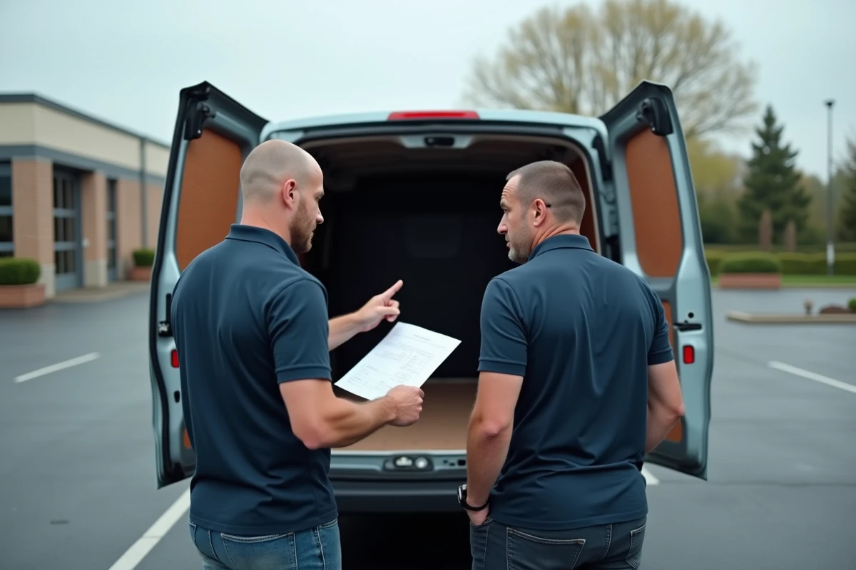 Deux gestionnaires de flotte comparant les dimensions intérieures d'un Peugeot Expert L2 sur un parking d'entreprise