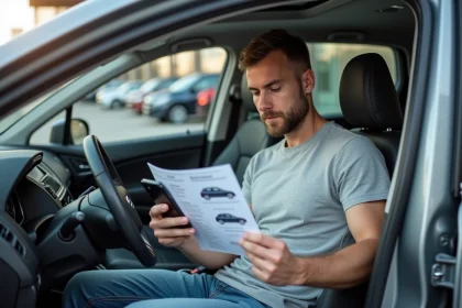 Homme comparant une fiche technique constructeur imprimée avec son smartphone dans un concession automobile