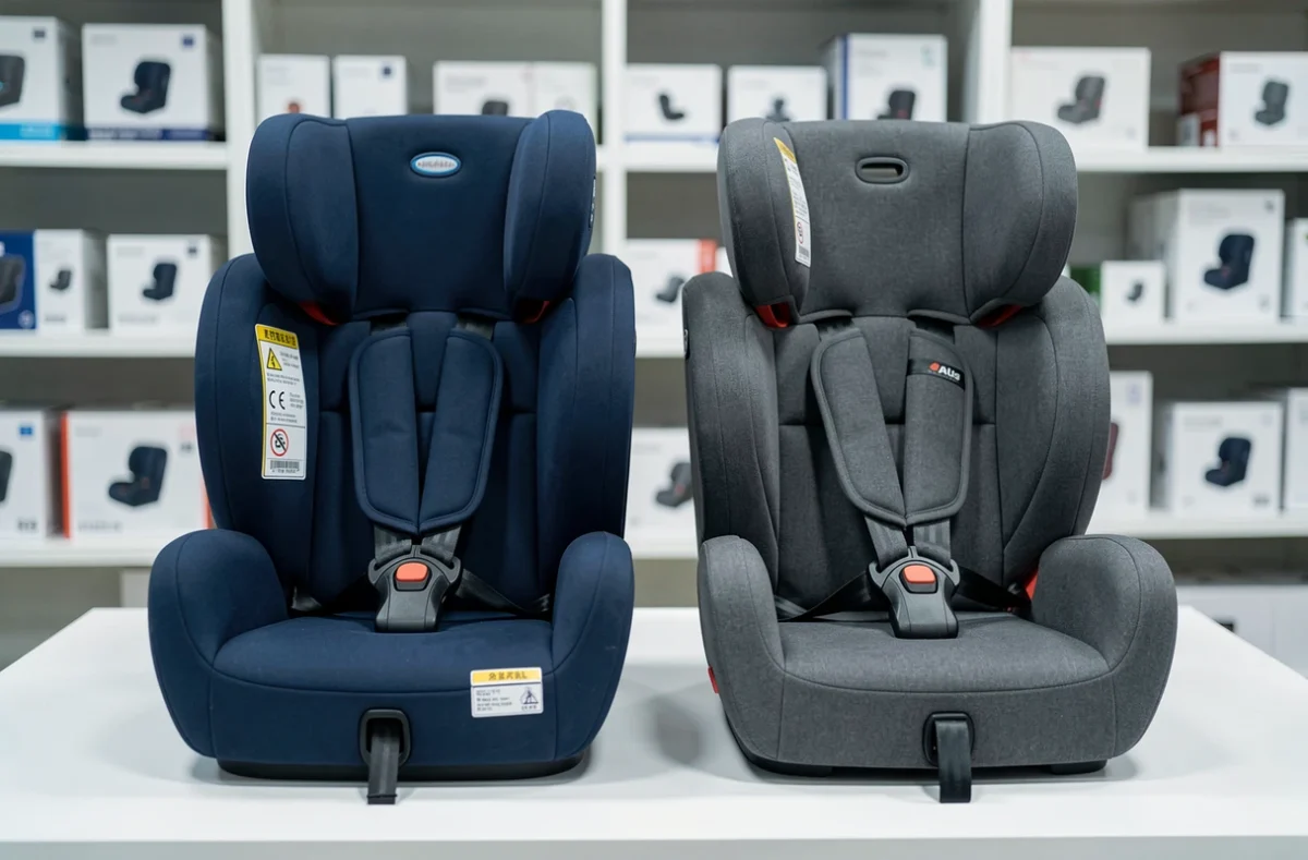 Comparaison de deux modèles de rehausseurs auto, un rehausseur avec dossier et un rehausseur sans dossier, posés sur une surface blanche en magasin