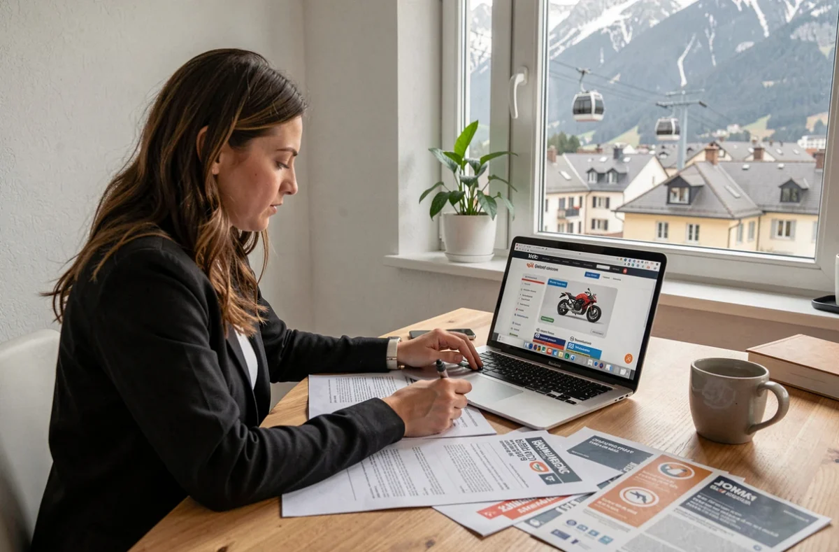 Femme comparant des offres d'assurance moto sur ordinateur portable avec des documents papier dans un appartement de Grenoble