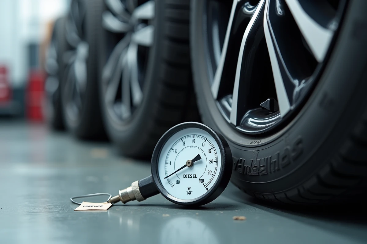 Comparaison des pressions de pneus entre motorisation essence et diesel sur une Ford Fiesta avec manomètres analogiques