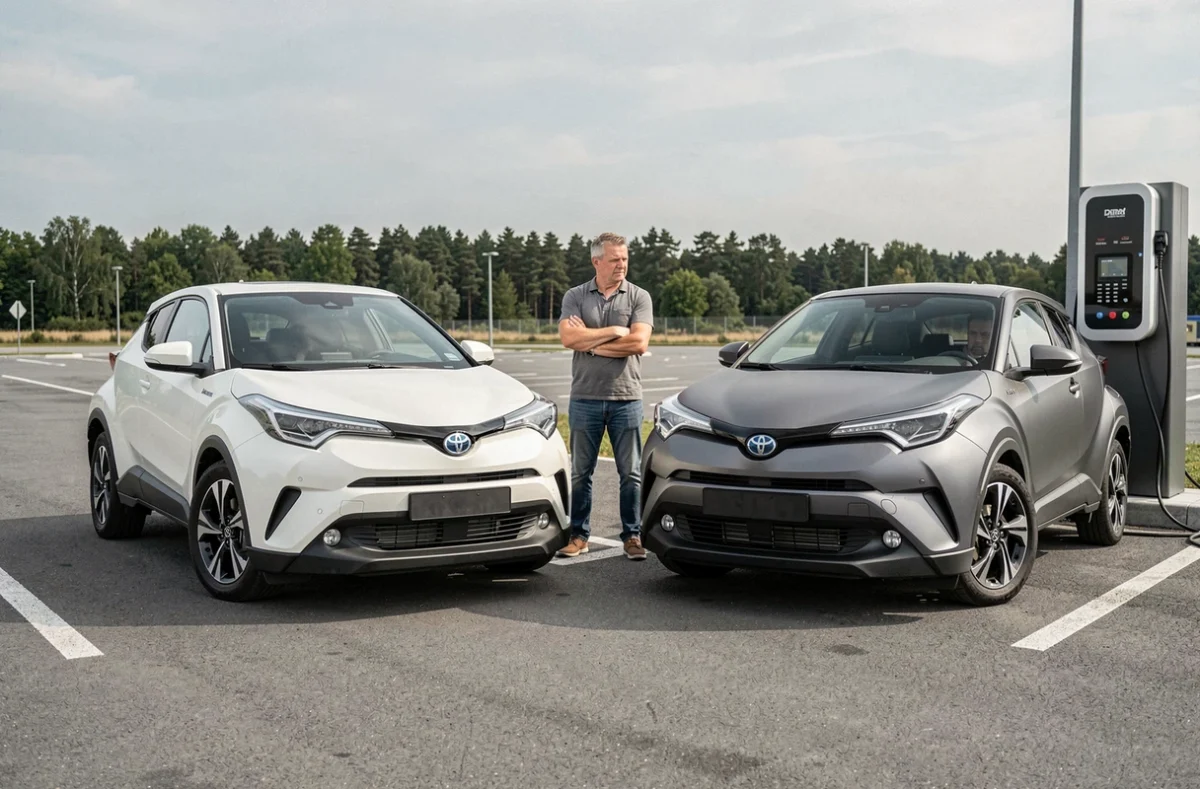 Comparaison Toyota C-HR et C-HR Plus 2026 côte à côte sur une aire de recharge